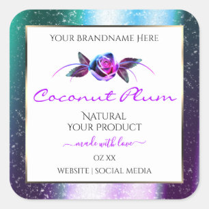 Floral Blauwgroen Paarse Glitter White Product Lab Vierkante Sticker