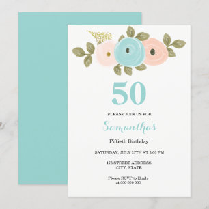 Floral Blauwgroen & Peach 50th Birthday Party Invi Kaart