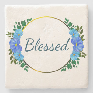 Floral Blessed typografie Blue text Simple Stenen Onderzetter