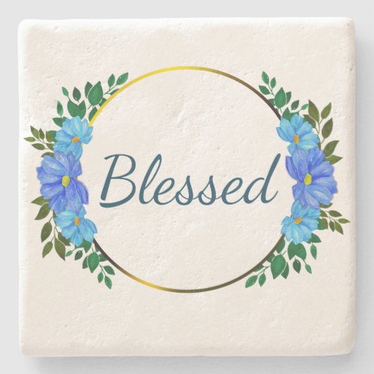 Floral Blessed typografie Blue text Simple Stenen Onderzetter (Voorkant)
