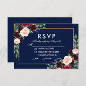 Floral Bleu Bourgogne Mariage Repas RSVP Or (Devant / Derrière)