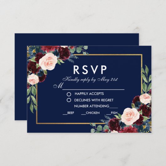 Floral Bleu Bourgogne Mariage Repas RSVP Or (Devant / Derrière)