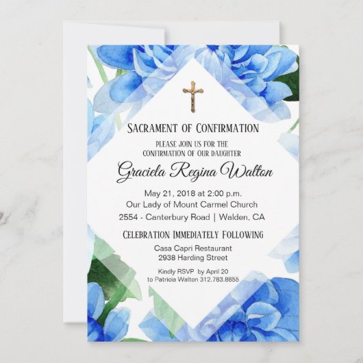 Floral bleu | Confirmation | Invitation Crucifix (Devant)