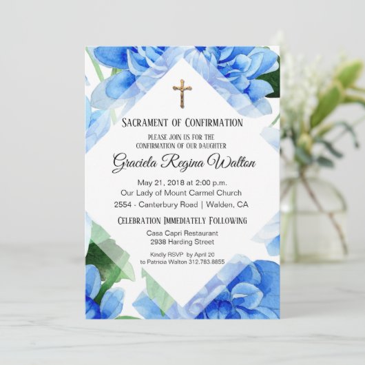 Floral bleu | Confirmation | Invitation Crucifix (Debout devant)
