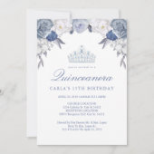Floral bleu et blanc | Invitations de Quinceanera (Devant)