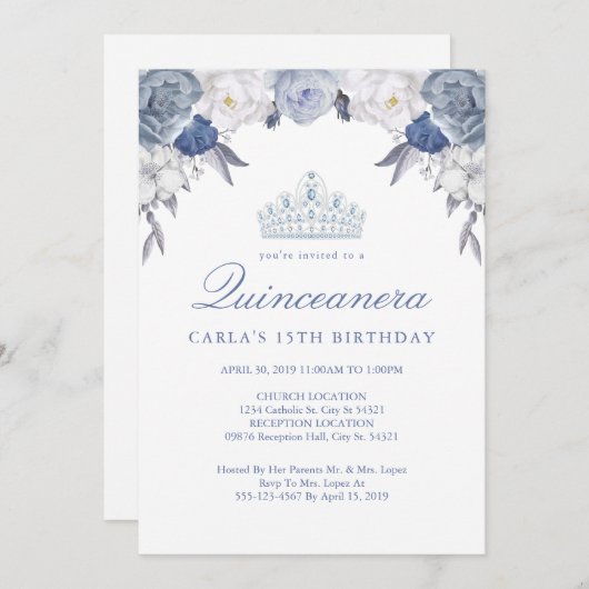 Floral bleu et blanc | Invitations de Quinceanera (Devant / Derrière)