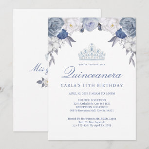 Floral bleu et blanc   Invitations de Quinceanera
