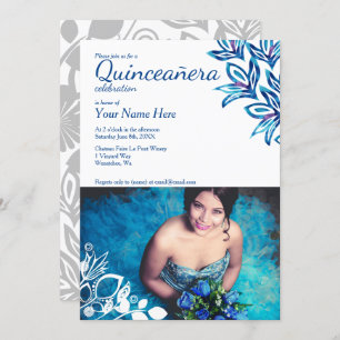 Floral bleu et blanc Quinceañera Photo Invitation