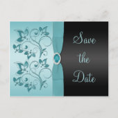 Floral bleu et noir Enregistrer la date Carte post (Devant)