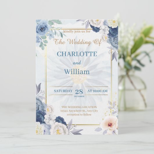 Floral Bleu Et Or Faire-part de mariage 2024 (Debout devant)