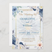 Floral Bleu Et Or Faire-part de mariage 2024 (Devant / Derrière)