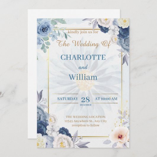 Floral Bleu Et Or Faire-part de mariage 2024 (Devant / Derrière)