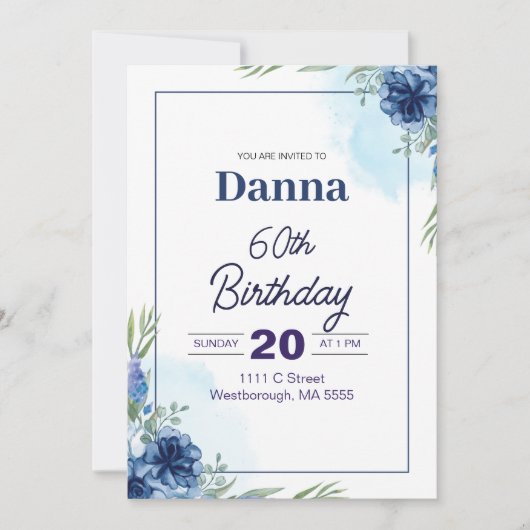 Floral bleu et vert Invitation 60e anniversaire (Devant)