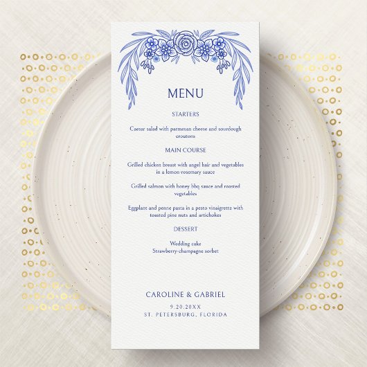 Floral Bleu Français Menu Mariage