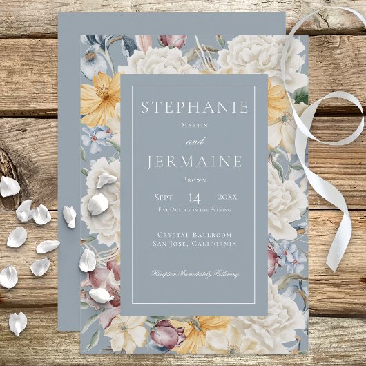 Floral Bleu Jaune & Blanc Sur Invitation Bleue