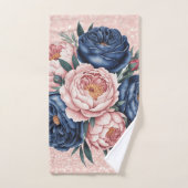 Floral bleu marine et or Rose (Serviette à main)