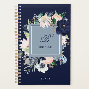 Floral bleu marine et rose Nom et monogramme