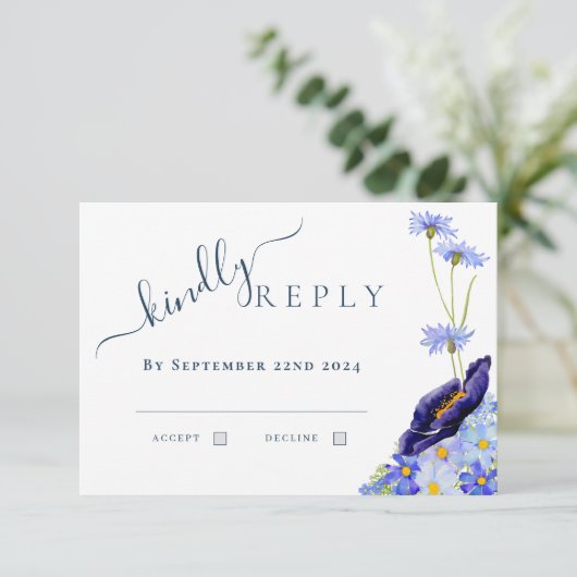 Floral bleu moderne QR Code Mariage Réponse (Debout devant)