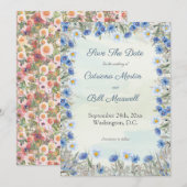 Floral bleu romantique Enregistrer la carte de dat (Devant / Derrière)