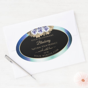 Floral Bleu Rose Noir Produit Étiquette Marbre Cad