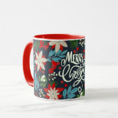 Floral bleu rouge Noël lettrage Mug (Devant gauche)