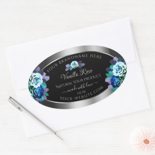 Floral Bleu Turquoise Rose Produit Étiquettes Noir