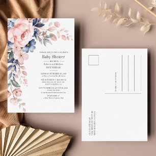 Floral Bloom Blue Pink Rustic Couples Baby shower Uitnodiging Briefkaart
