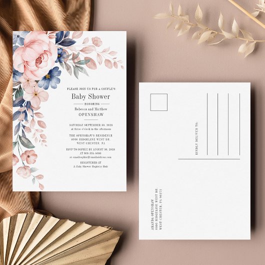 Floral Bloom Blue Pink Rustic Couples Baby shower Uitnodiging Briefkaart