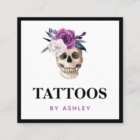 Floral Bloom Waterverf Gothic Skull Tattoo Artist Vierkante Visitekaartje (Voorkant)