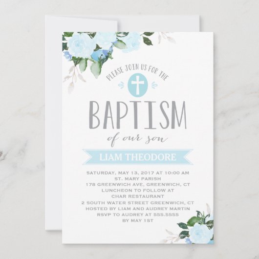 Floral Blooms| Bleu | Invitation au baptême (Devant)
