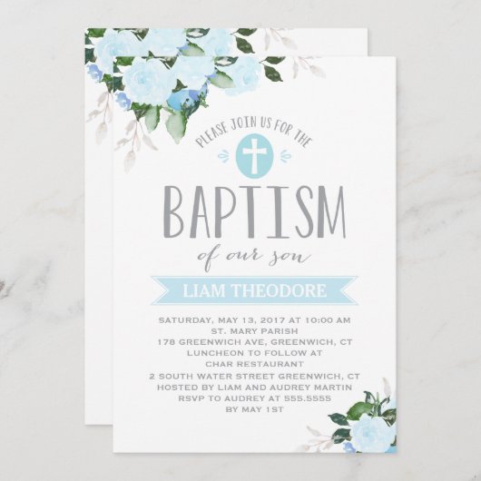 Floral Blooms| Bleu | Invitation au baptême (Devant / Derrière)