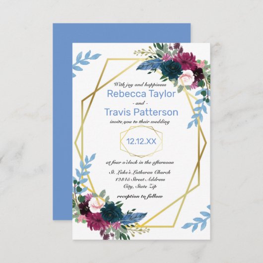 Floral Blooms Mod Blue - Faire-part de mariage 3X5 (Devant / Derrière)