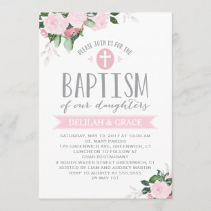 Floral Blooms   TWIN GIRLS Baptisme Invitation Kaart