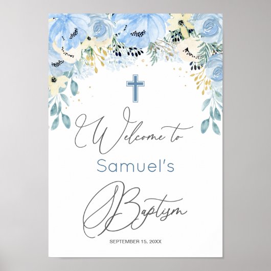 Floral Blue Baby Boy Baptism Poster (Devant)
