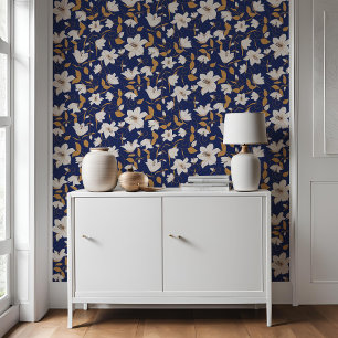 Floral Blue Beige Lily Botanisch Patroon Behang