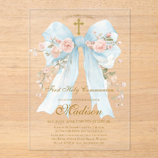 Floral Blue Bow First Holy Communion Girl Acryl Uitnodigingen