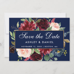 Floral Blue Burgundy Gold redt de datum Save The Date