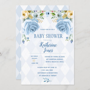 Floral Blue Diamond Baby Boy Shower Invitation