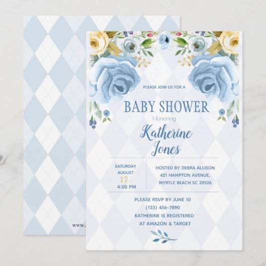 Floral Blue Diamond Baby Shower-uitnodiging Kaart (Voorkant / Achterkant)