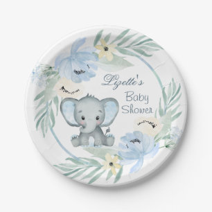 Floral blue Elephant Baby shower Paper Bord