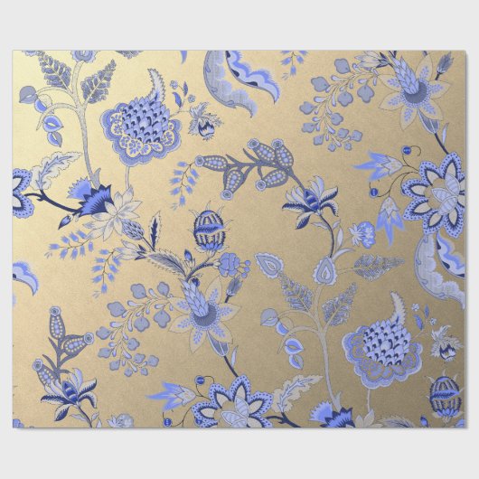 Floral Blue Gold Delicate Oriental Gold Foxier Cadeaupapier (Vlak)
