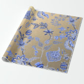 Floral Blue Gold Delicate Oriental Gold Foxier Cadeaupapier (Uitgerold)