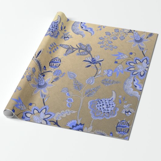 Floral Blue Gold Delicate Oriental Gold Foxier Cadeaupapier (Uitgerold)