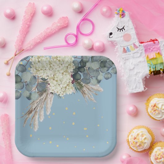 Floral Blue Gold Elegant Birthday Papieren Bordje (Feest)