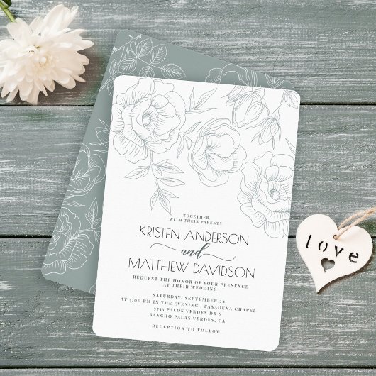  Floral Blue Grey Modern Wedding Kaart