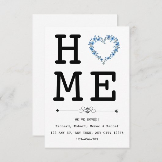 Floral Blue Heart New Home Announcement Aankondiging (Voorkant / Achterkant)