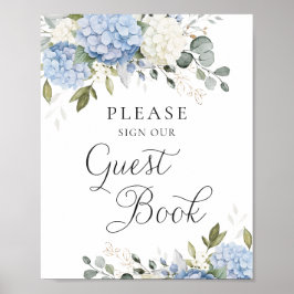 Floral Blue Hydrangea Bruiloft Gast Boek teken Poster