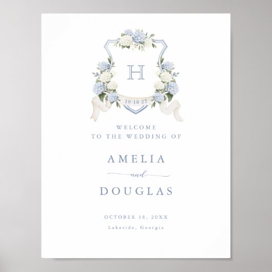 Floral Blue Hydrangea Crest Monogram Affiche de bi (Devant)