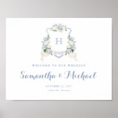 Floral Blue Hydrangea Crest Monogram Affiche de bi (Devant)