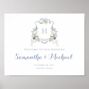 Floral Blue Hydrangea Crest Monogram Affiche de bi